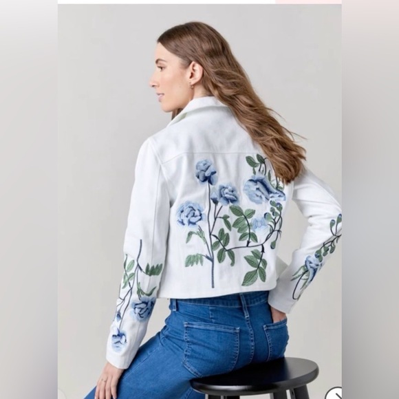 Stoosh Jackets & Blazers - STOOSH White jean jacket. Beautiful detailed Blue floral embroidery. Size small